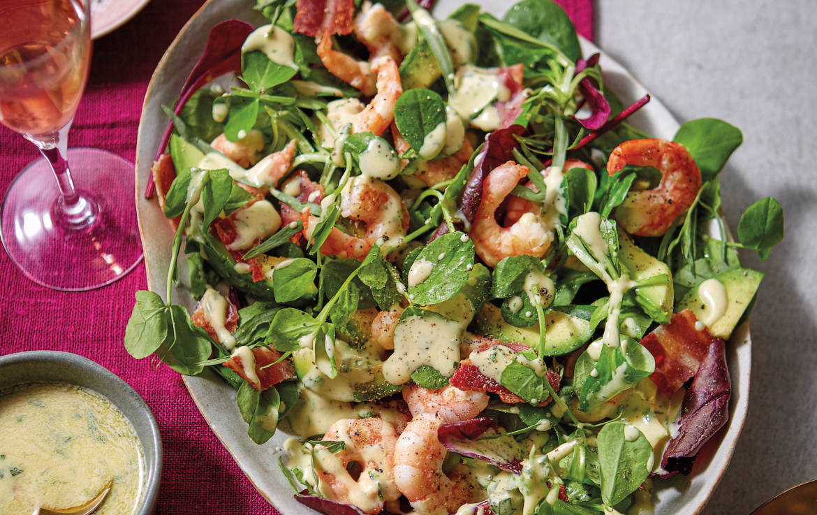 Prawn, crispy bacon and avocado salad
