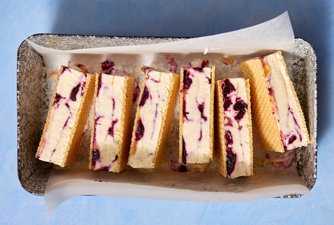 Blueberry and lemon swirl ice cream sandwiches