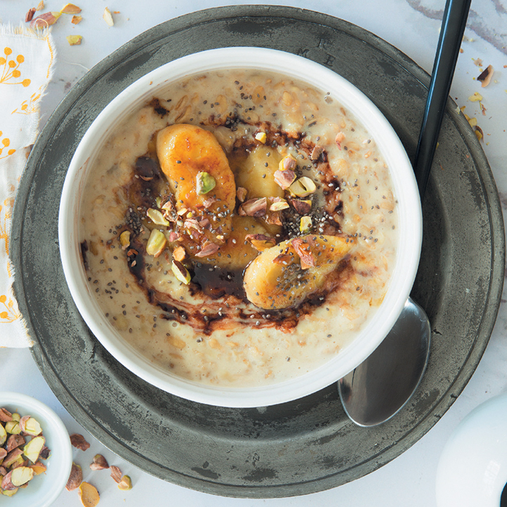 Vegan banana oatmeal with chocolate syrup