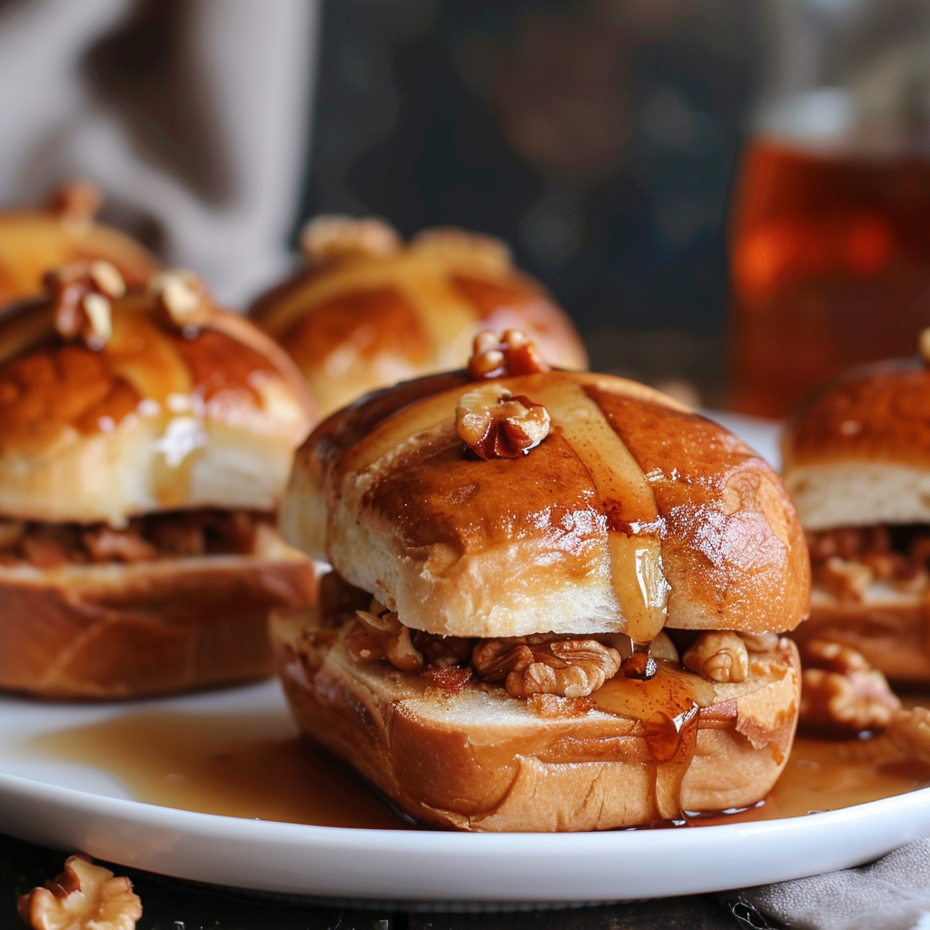 Hot cross buns with a nutty filling and vanilla-cinnamon syrup