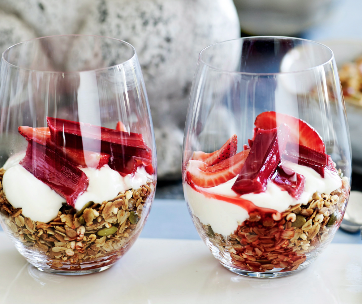 Toasted muesli with roast rhubarb and strawberries