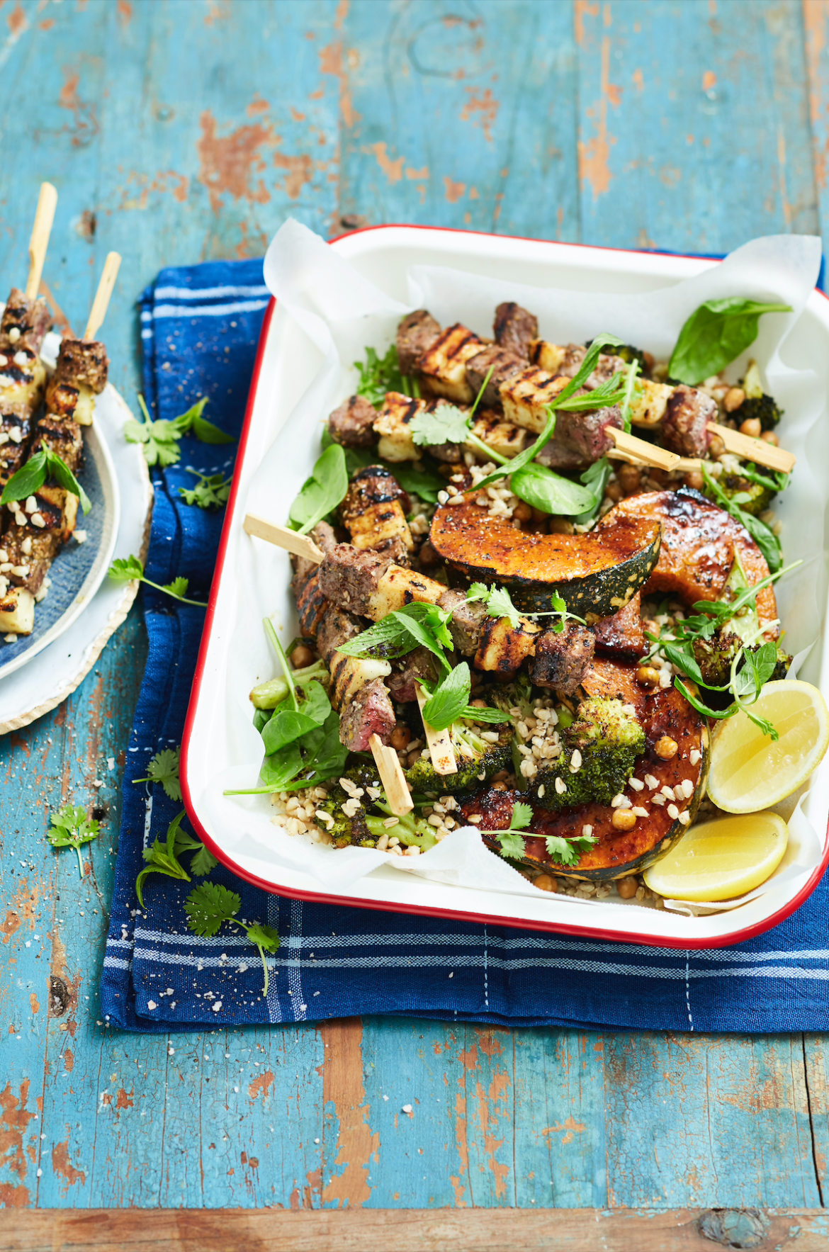 Lamb & haloumi skewers with roast vegetable & barley salad