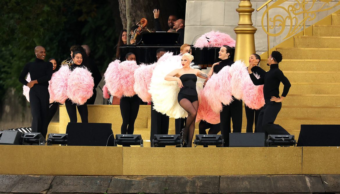 Lady Gaga sports pink feathers from Karoo at Olympics opening