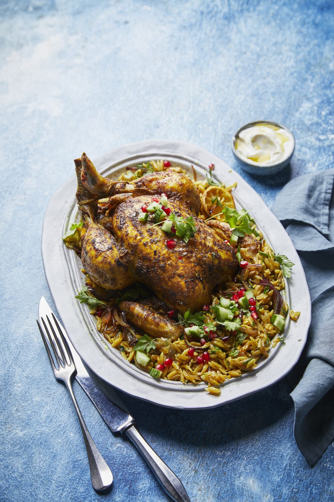 Slow-roasted chicken with orzo