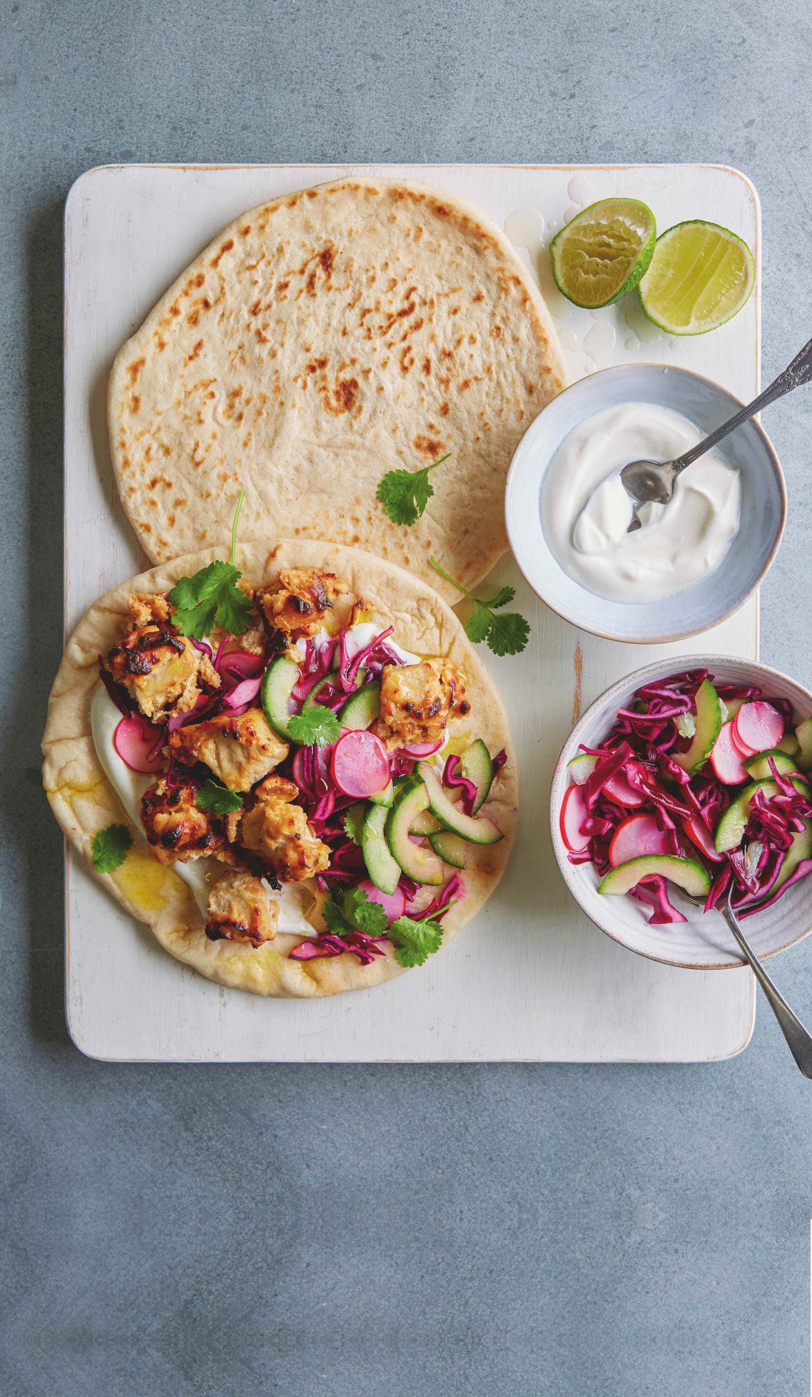 Peanut and lime pork flatbreads with crunchy slaw