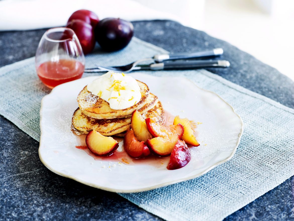 Buttermilk pancakes with glazed plums