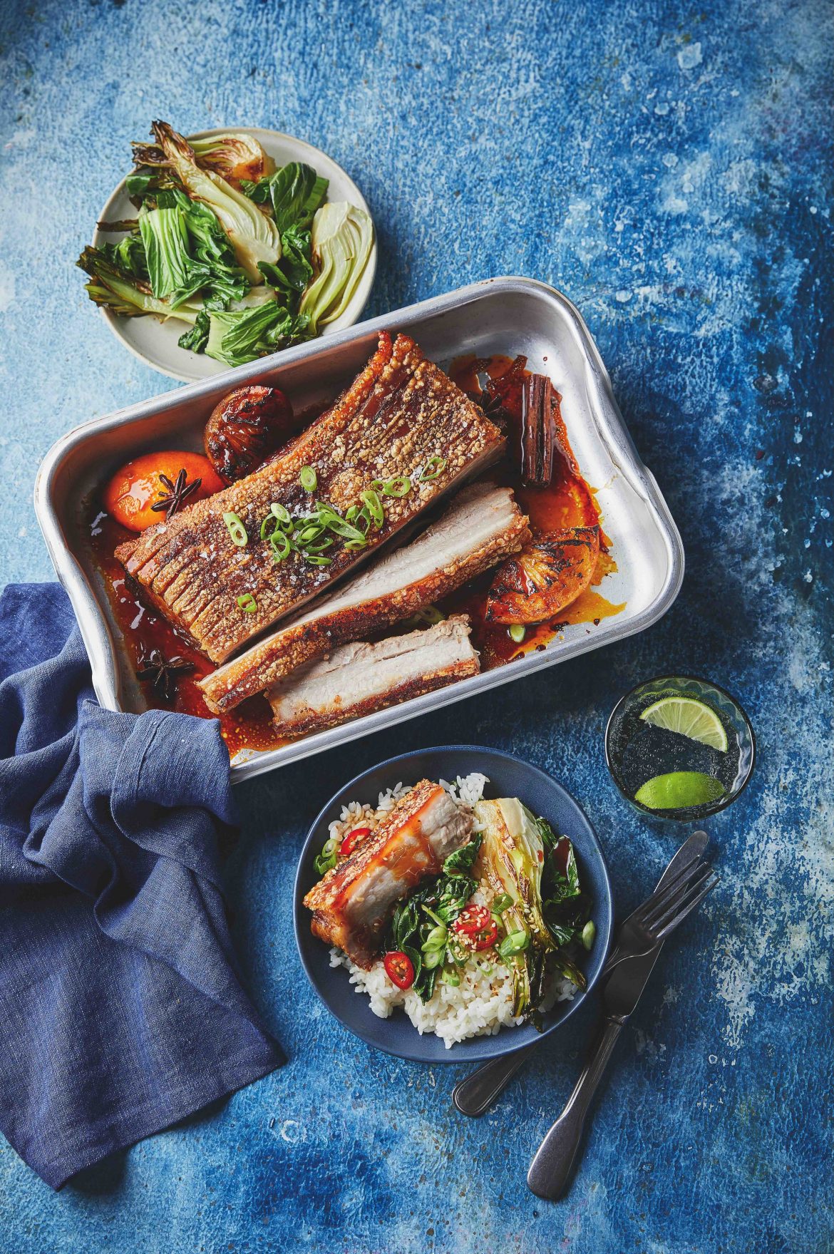 Sticky soy pork belly with greens