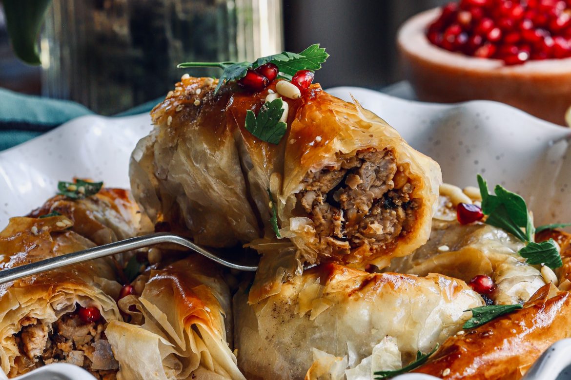 Spiced pork phyllo rolls
