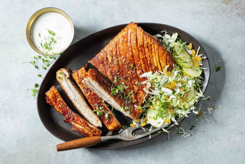 Crunchy pork belly with apple, coconut and ginger salad